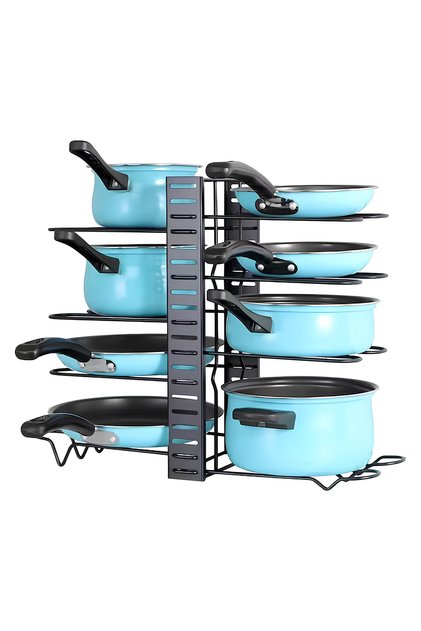 Suport vesela bucatarie ajustabil multifunctional cu 8 rafturi din metal pentru capace sau oale, NEVERMORE, protectie cauciuc, Negru