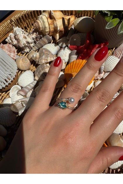 Blue Stone Pearl Detailed Adjustable Women's Ring