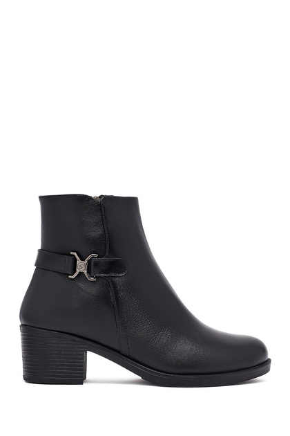 Women's Black Zippered Thick Heeled Leather Boots Wf410019Dv