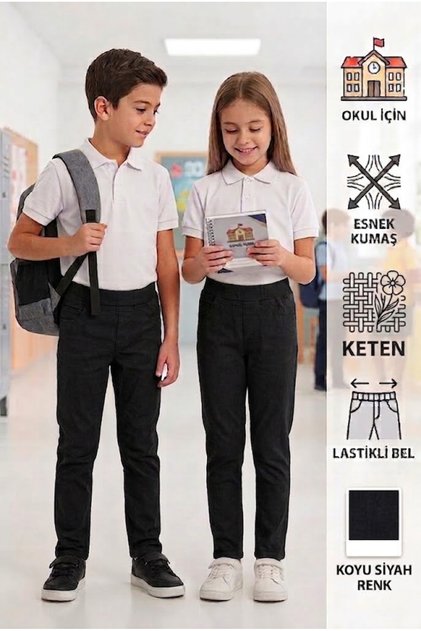 Likralı Keten Beli Lastikli Unisex Kız Erkek Okul Pantolonu