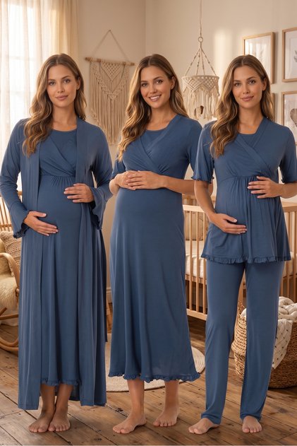 Navy Blue Double-Breasted Ruffled Design Cotton Maternity Nightgown-Dressing Gown, Pajama Set, Set of 4