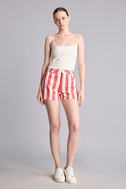 100% Cotton Regular Waist Striped Gabardine Shorts I4143Ax26Hs