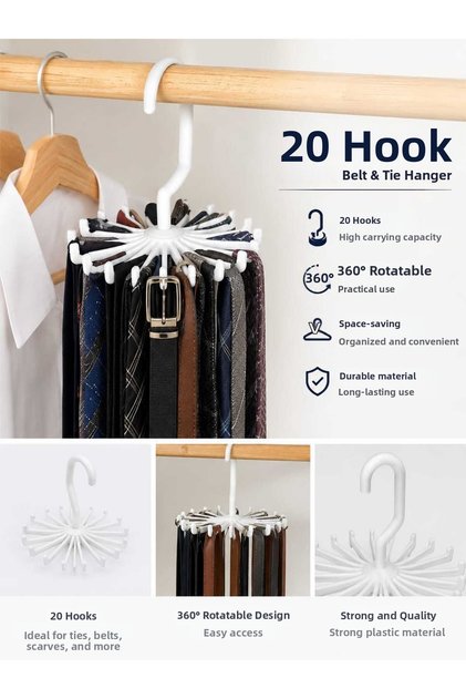 2-Piece Swivel Tie and Belt Hanger with 20 Hooks 360 ° Organizer Hanger White