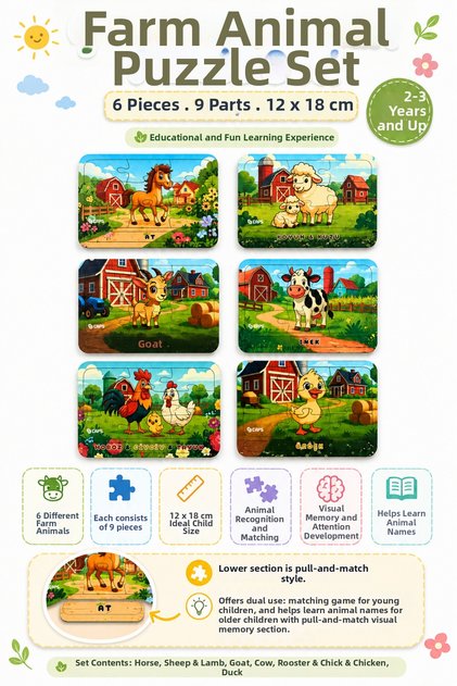 6 Pieces 9 Pieces Farm Animals Educational Puzzle Set 12X18 cm Find-And-Place Animal Names Learning Game