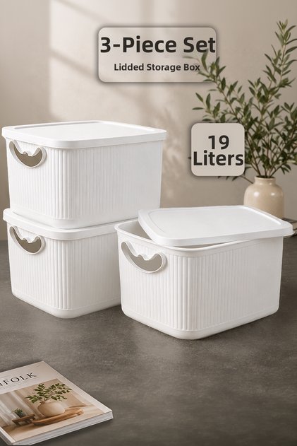 3-Piece Storage Box with Lid - Multi-Purpose Decorative Organizer Closet Organizer Basket 19Lt White