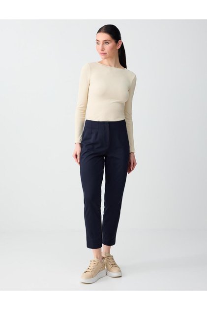 Navy Blue High Waist Regular Leg Knitted Pants