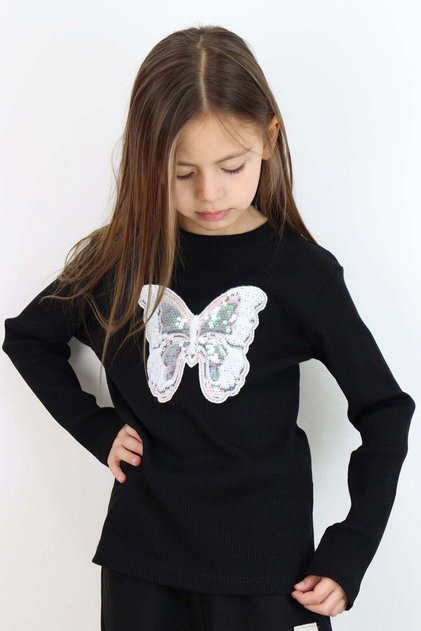 Tricou cu mânecă lungă pentru fete, cu broderie cu paiete și aplicație fluture, 9-14 ani, negru