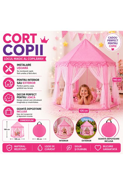 Cort de joacă pentru copii, Castel Prințesă, Pliabil cu 6 intrări, 135x140 cm, Roz