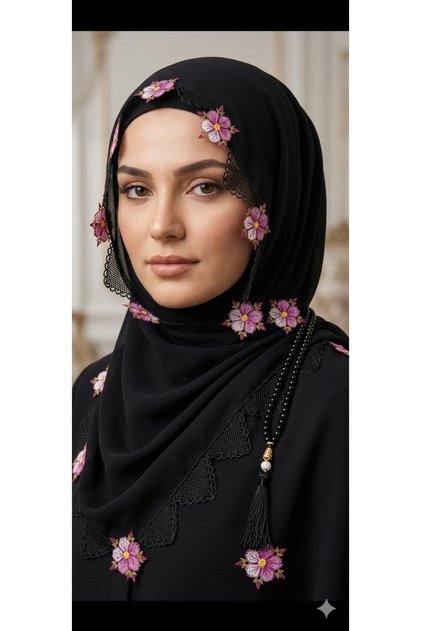 Needlework Black Color Prayer Rug with Prayer Beads