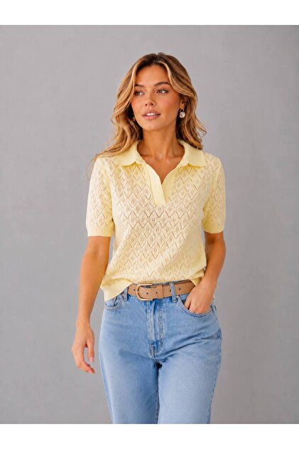 Women's Polo Neck Lace-Like Knit Knitted Detail Knitwear Sweater 12145