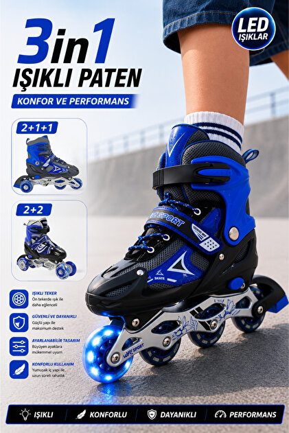 Silikon Tekerli Paten Ayarlanabilir 2+1+1, 2+2 Ve Tek Sıra Paten Işıklı Çocuk Pateni 3 in 1