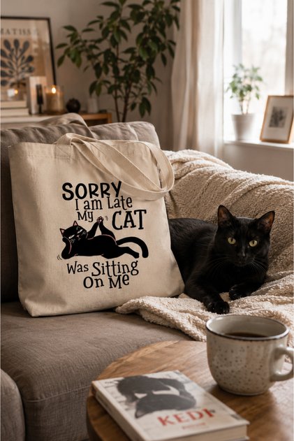 Printed Gusseted Canvas Tote Bag - Late My Cat Design
