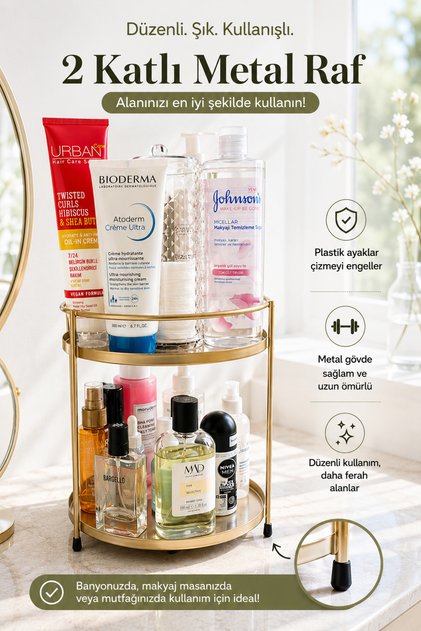 REAL 2 KATLI ESKİTME-MAT GOLD Banyo Kozmetik Takı Düzenleyici Çok Amaçlı Organizer 2 Katlı Servis Sunum Tepsisi İkramlık Makyaj Malzeme Düzenleyici Stand Raf Banyo Parfüm Cilt Bakım Ürünleri
