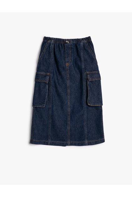 Cargo Denim Skirt Maxi Length Slit Detailed Elastic Waist Cotton