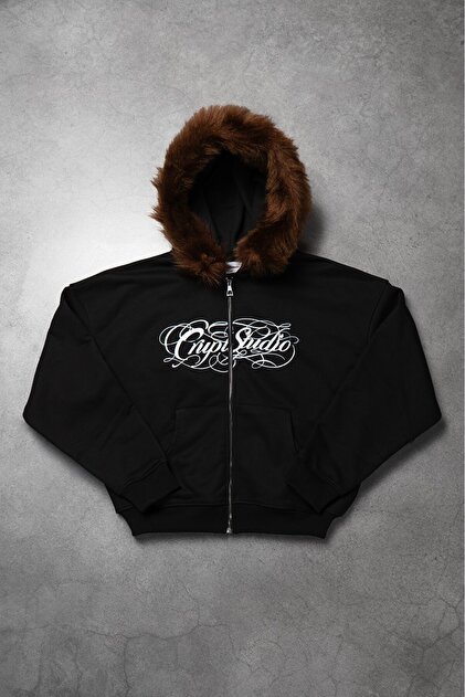 Crupt Studio Siyah Crupt Fur Erkek Ceket Zip Hoodie - Fiyatı