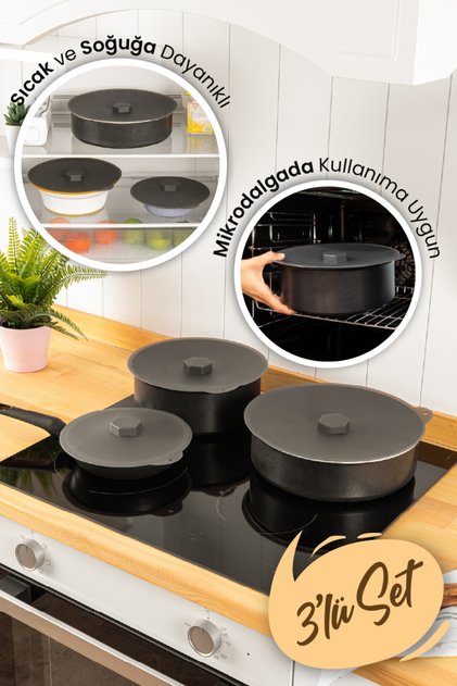 3lü Silikon Tencere Tava Kapağı Isı Koruyucu Antrasit Renk