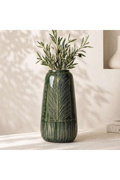 Kazuki Stoneware Fern Etched Vase 18.5x18.5x31.5cm - Green