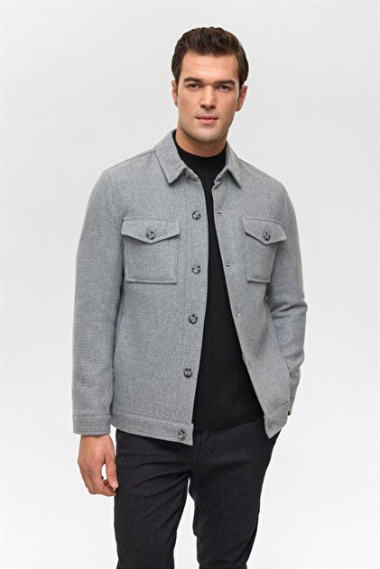 Gri Slim Klasik Yaka Torba Cep Mont