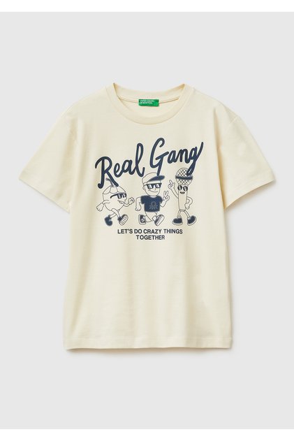 Boy's Cream Theme Printed Comfortable Fit Crew Neck T-Shirt