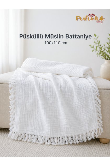 White Muslin Baby Blanket with Tassels 100X130 Cm, Soft Cotton Baby Blanket, Breathable Muslin Swaddle Blanket