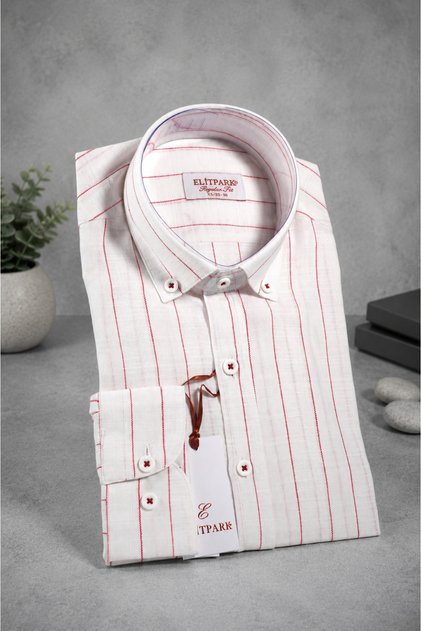 Red Striped Buttoned Collar 100% Cotton Long Sleeve Pocketless Comfortable Fit Premium Men's Shirt