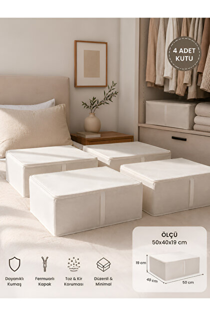 4 Adet Fermuarlı Kutu Formunda Çok Amaçlı Hurç, Dolap İçi Düzenleyici, Baza Hurç 50x40x19