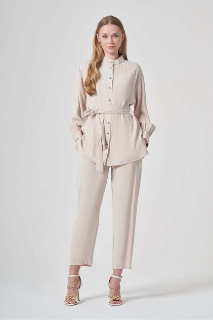 Women's Stone Detailed Tencel Suit Beige 31414