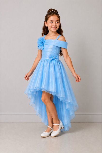 Rochie de seară pentru fete, cu detaliu la umăr, accesorii trandafiri, fundă, trenă lungă, nuntă, logodnă, absolvire, ocazii speciale