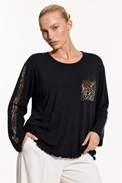 Stone Patterned Long Sleeve Bamboo Viscose Fabric Blouse