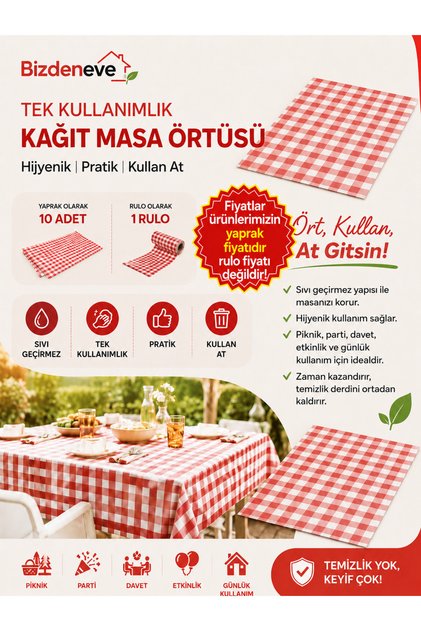 Tek Kullanımlık Kağıt (1 ADET) Masa Örtüsü 100x120 cm Kırmızı Kareli Desenli, Baby Shower, Piknik, Eğlence,