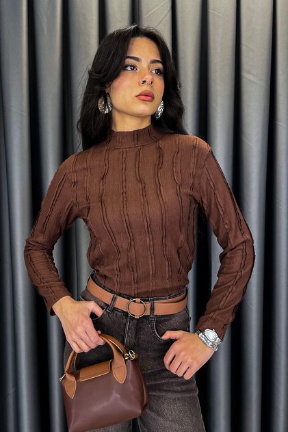 Big Dart Turtleneck Stripe Ruffle Blouse - Brown Brown
