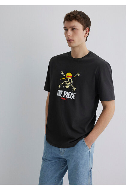 Mavi One Piece Baskılı Antrasit Tişört Loose Fit / Bol Rahat Kesim