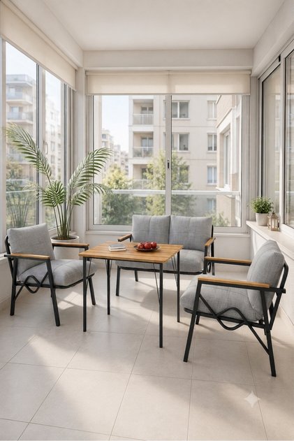 Balkon, Bahçe, Cafe, Metal Koltuk Takımı, Bahçe Takımı , Çay Seti, 2 1 1 Açık Gri Masa