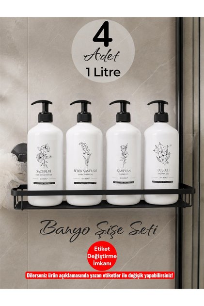 4 Lü Siyah Kapaklı Beyaz Plastik Mutfak & Banyo Düzenleyici 4 Lü Sabunluk Şişe Seti 1000 ml