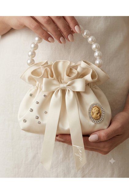 Ekru Cotton Satin Bag, with Crystal Glass Stone Decoration, Pearl Handle, Satin Folding Bag for Daily Use / Evening Gown / Event / Celebration