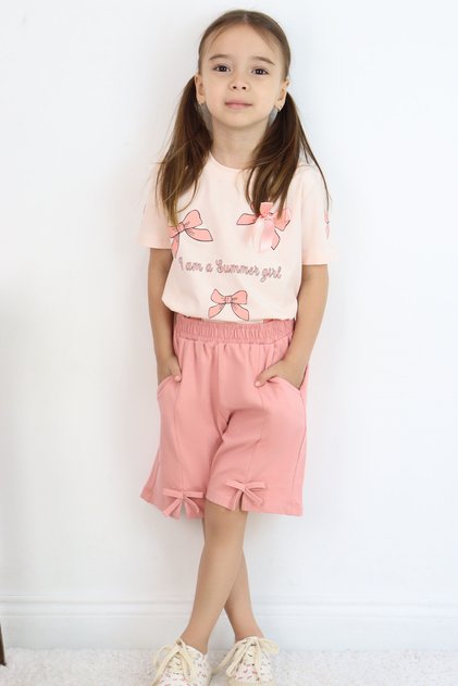 Girl's Shorts Set with Bow Patterned Shorts and Bow Accessories, Ages 1.5-5, Powder