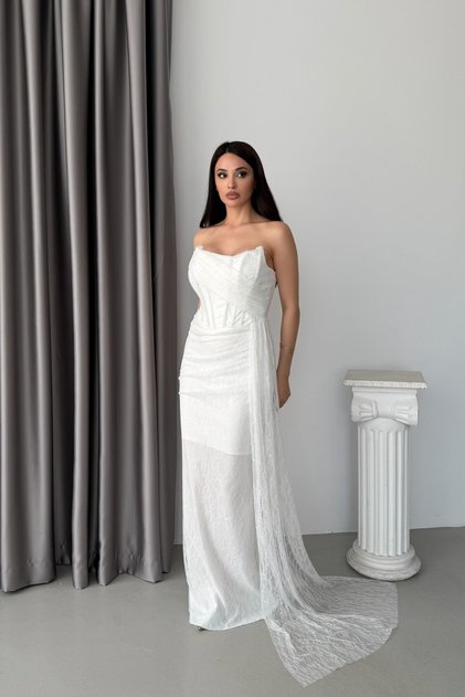 White Strapless Ruched Draped Long Evening Dress