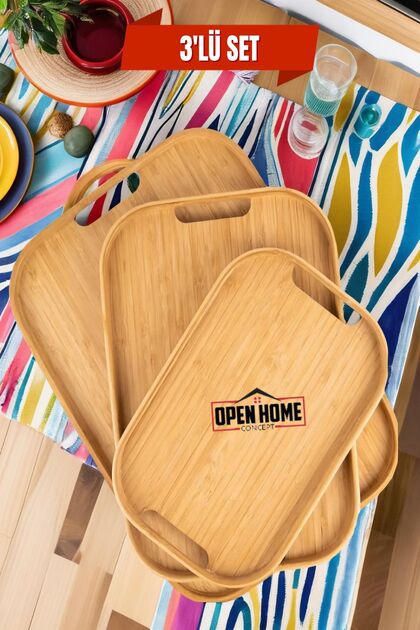 Open Home Concept 3'lü Bambu Dikdörtgen Tepsi, Servis Tepsileri