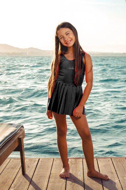 My Little Girl's Strappy Pleated Skirted Swimsuit - Black