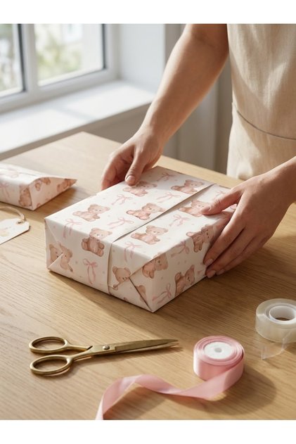Ayıcık Temalı Hediye Paketi Kağıdı (10 Adet) (32,9*50 cm)