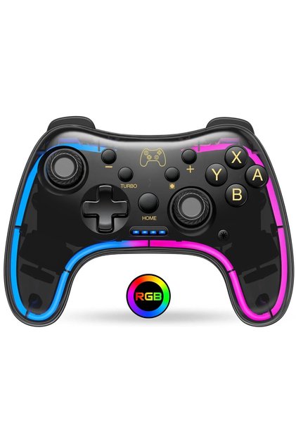Transparent-Black Controller 7039 for Switch With RGB Lights,Turbo,Wake-up Function,Supports Multi-P