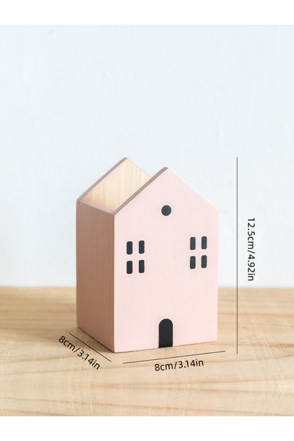 Pink Small Cartoon House Wooden Pen Holder Pencil Container Makeup Brush Stationery Storage Box Stud