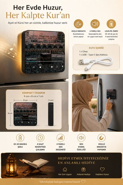 Ayetel Kürsi Sesli Buzdolabı Magneti | Şarjlı, 4 Saat Çalışma, 4 Ses Seçeneği, Güçlü Mıknatıs | Manevi Huzur Hediyesi