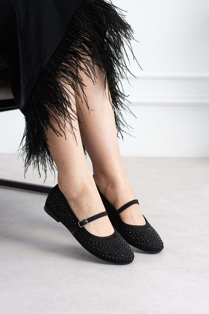Kwa Women's Flat Shoes with Front Straps and Stones in Black Suede