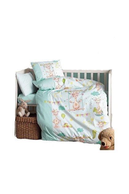 Lenjerie patut cu 6 piese Baby Ranforce Giraffe Green