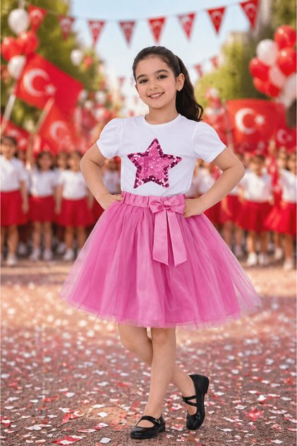Girls' Sequin Star Print T-Shirt and Pink Tulle Skirt Set with Bow Detail, Ages 5-13