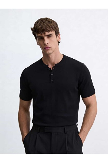 Triko Henley Yaka Kısa Kollu Siyah T-shirt SS7181