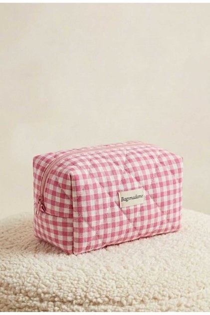 Pink Gingham Patterned Single Compartment Zippered Cosmetic Organizer Pen Holder Travel and Makeup Bag