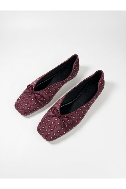 Women's Burgundy Stone Detailed Bowknot Square Toe Suede Ballerinas