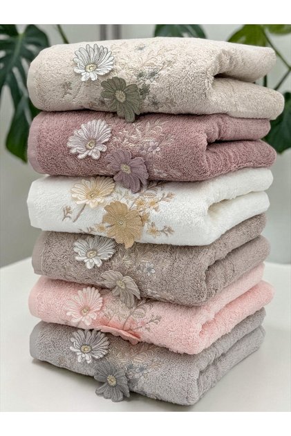 3D Hand Embroidered Floral Embroidered Laced Bamboo 6 Piece 50X90 Hand Face Towel Set